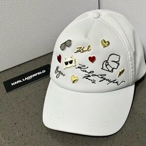 Karl Lagerfeld White Cap with Silver, Gold, & Red Embellishments